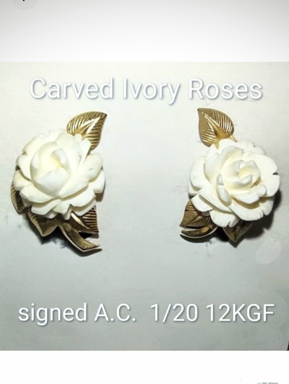 Carved Ivory Roses Gold Filled Stamped Screw-Back Vtg Earrings  -copied listing-